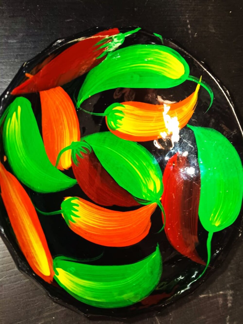 Vintage hand painted Mexico footed peppers bowl, vibrant, fun.